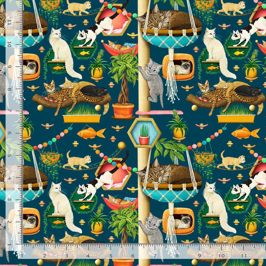 Timeless Treasures ROSIE CD4127 NAVY 100% Cotton Cat Fabric – Cat Trees & Perches Novelty Cotton | Quilting & Craft Fabric (TT Feline Fanatic 1)