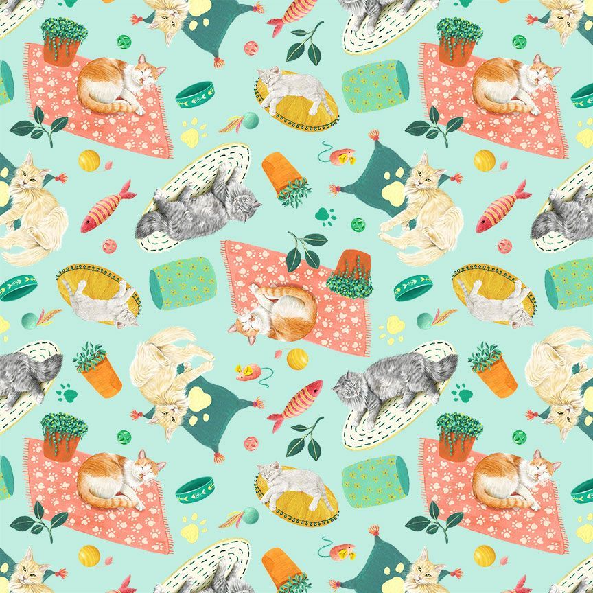 Timeless Treasures ROSIE CD4149 GREEN – Cat Novelty Fabric – 100% Cotton Quilting Fabric (TT Feline Fanatic 5)