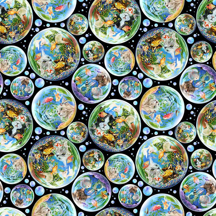 Timeless Treasures ROSIE CD4150 BLACK Cat Fabric – Cats in Fish Bowls Novelty Cotton | Quilting & Craft Fabric (TT Feline Fanatic 2)