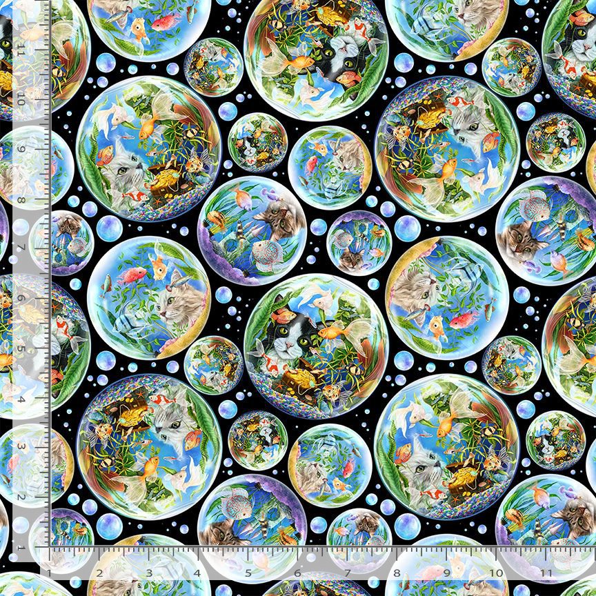 Timeless Treasures ROSIE CD4150 BLACK Cat Fabric – Cats in Fish Bowls Novelty Cotton | Quilting & Craft Fabric (TT Feline Fanatic 2)