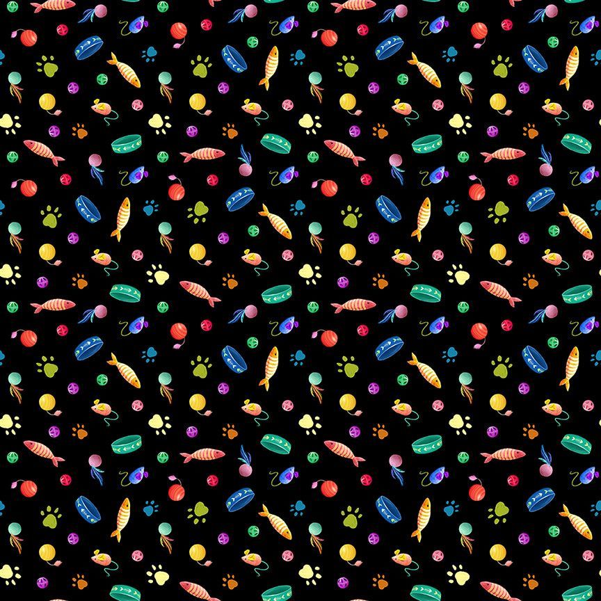 Timeless Treasures ROSIE CD4152 BLACK Cat Fabric – Cat Toys & Paws Novelty 100% Cotton | Quilting & Craft Fabric (TT Feline Fanatic 4)