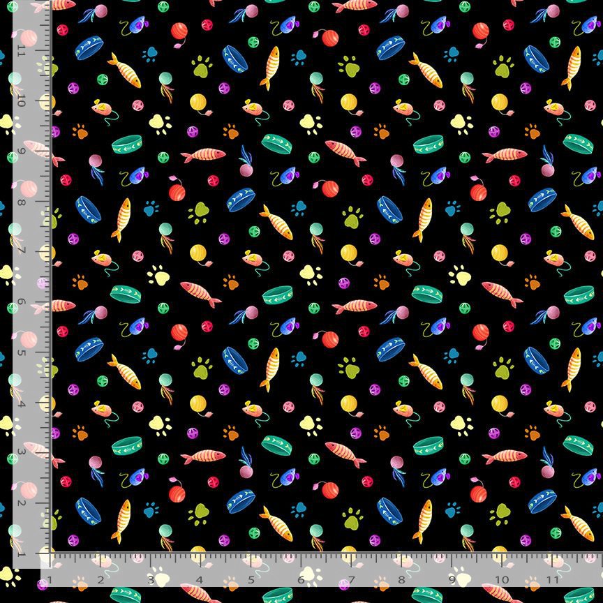 Timeless Treasures ROSIE CD4152 BLACK Cat Fabric – Cat Toys & Paws Novelty 100% Cotton | Quilting & Craft Fabric (TT Feline Fanatic 4)