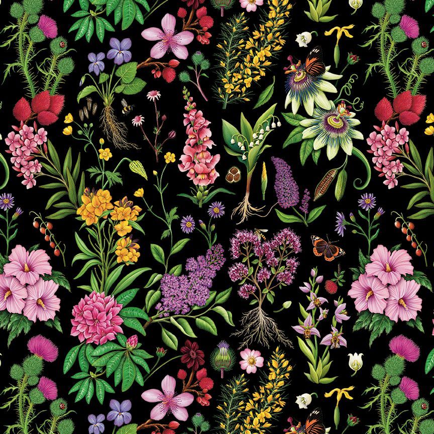 Timeless Treasures ROSIE-CD4173 Black 100% Cotton Remnant (49cm x 112cm TT Paradise Island 2)