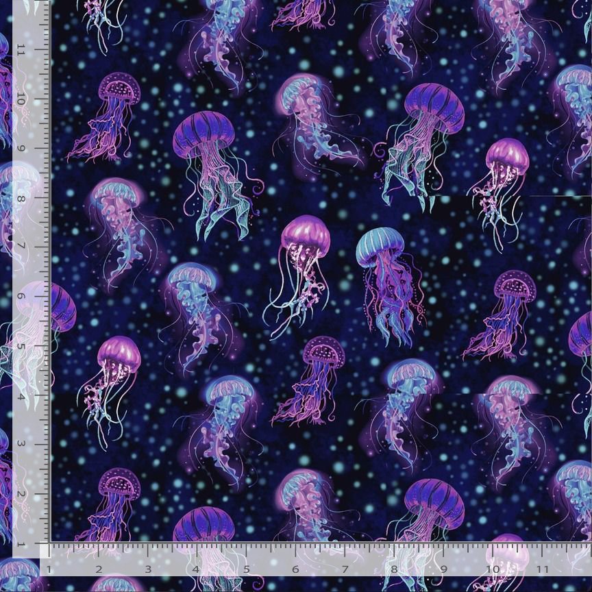 Timeless Treasures Bioluminescent Jellyfish Midnight Remnant (34cm x 112cm TT Electric Ocean 1)