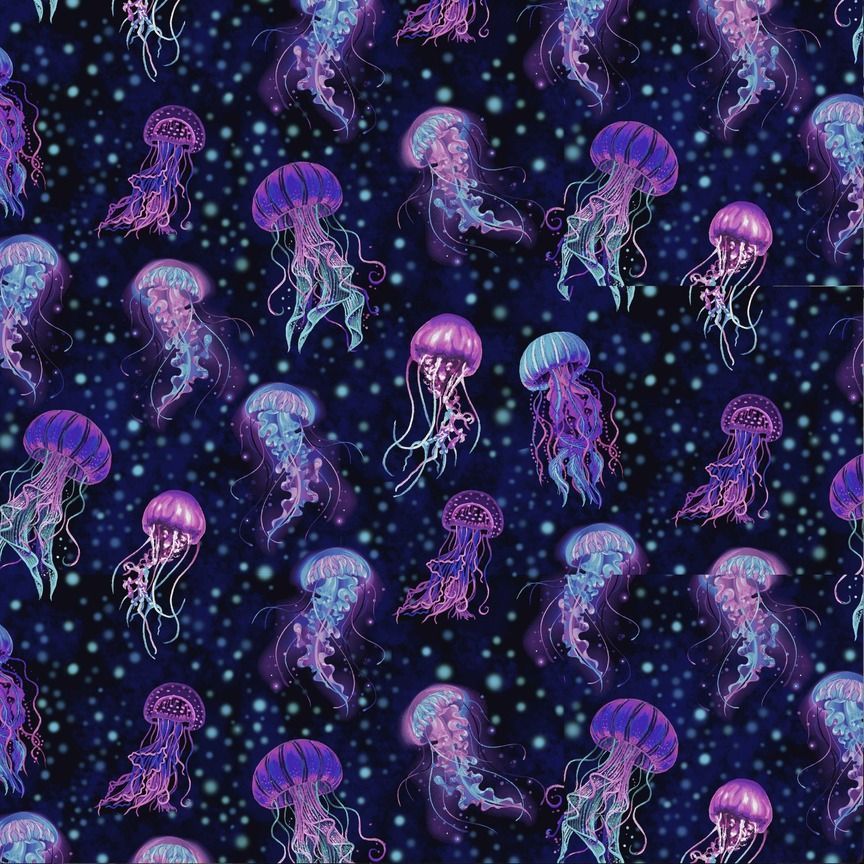 Timeless Treasures Bioluminescent Jellyfish Midnight Remnant (34cm x 112cm TT Electric Ocean 1)