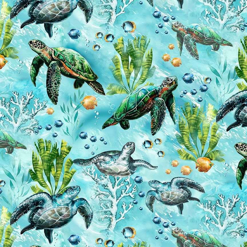 Timeless Treasures 100% Cotton Fabric Sea Turtles Fish Plants Coral Reef Aqua Blue (TT Ocean Life 5)