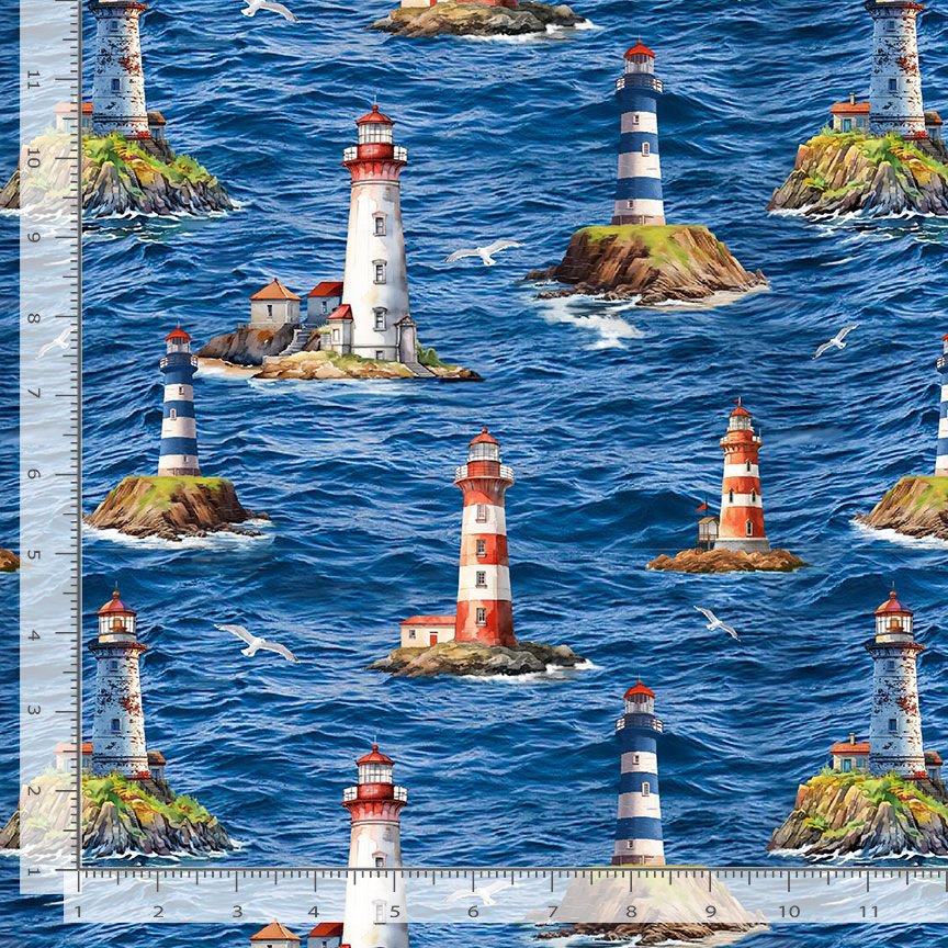 Timeless Treasures Lighthouse Scenic Nautical Blue Fabric (TT Beacon Of Light 1)