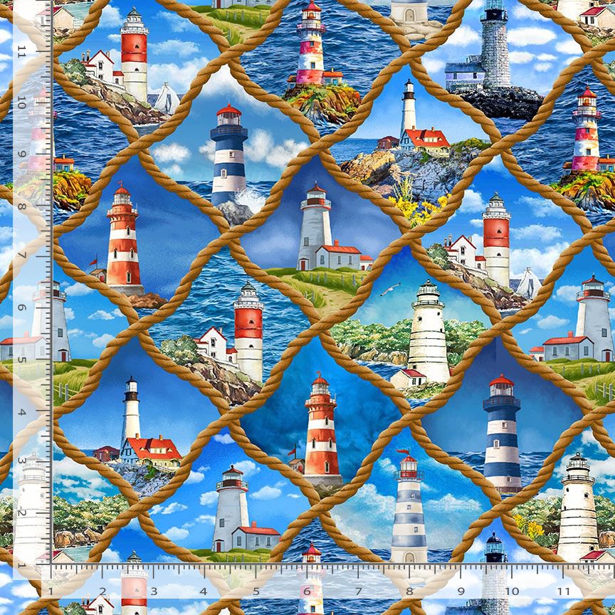 Timeless Treasures Lighthouse In Diamond Rope Nautical Blue Fabric (TT Beacon Of Light 2)