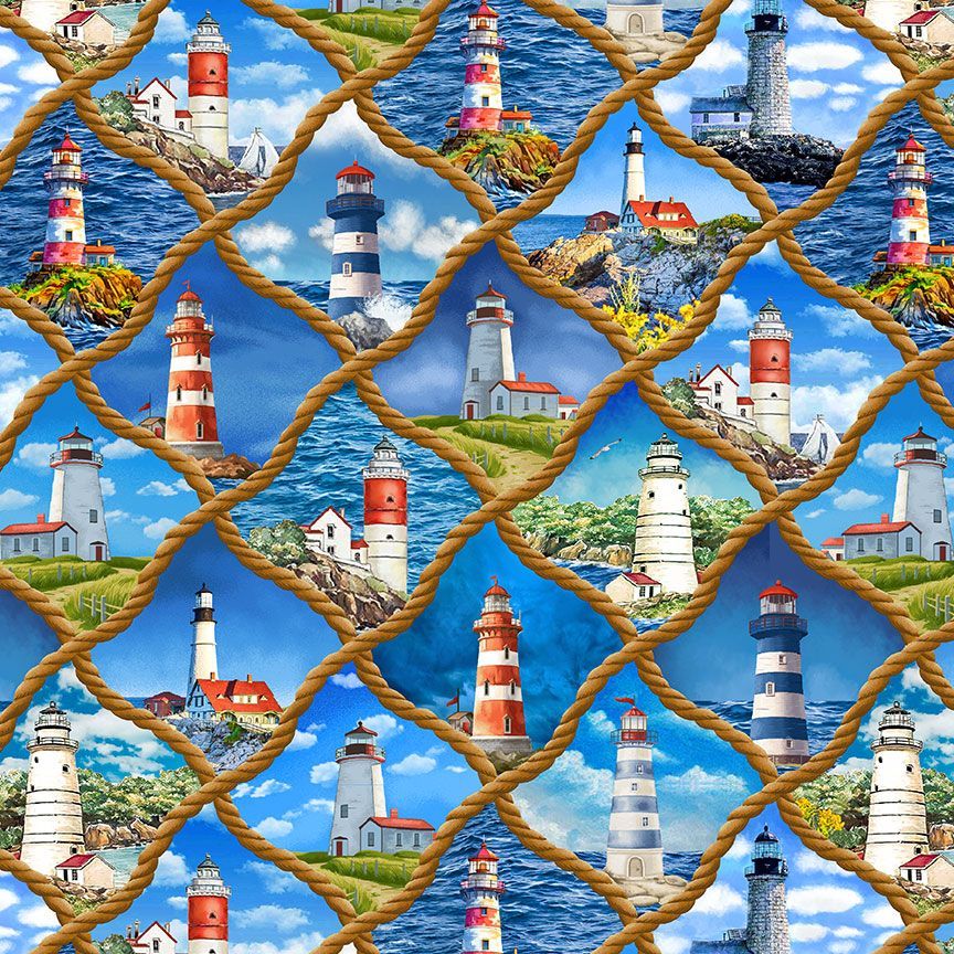 Timeless Treasures Lighthouse In Diamond Rope Nautical Blue Fabric (TT Beacon Of Light 2)