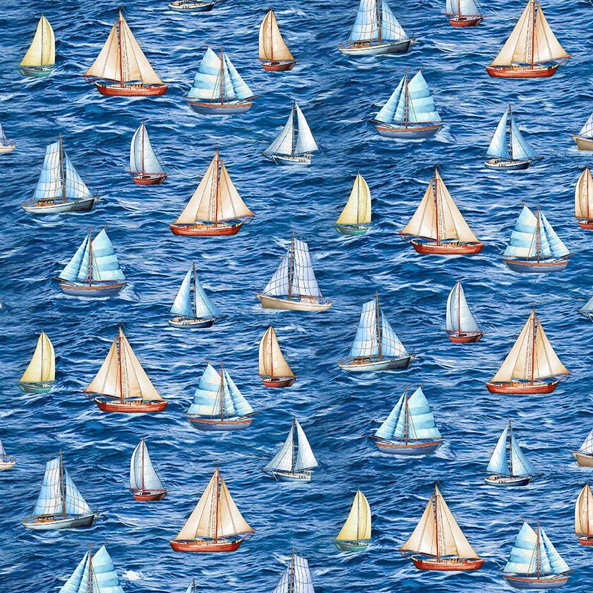 Timeless Treasures Sailboats In The Sea Nautical Blue Fabric (TT Beacon Of Light 3)