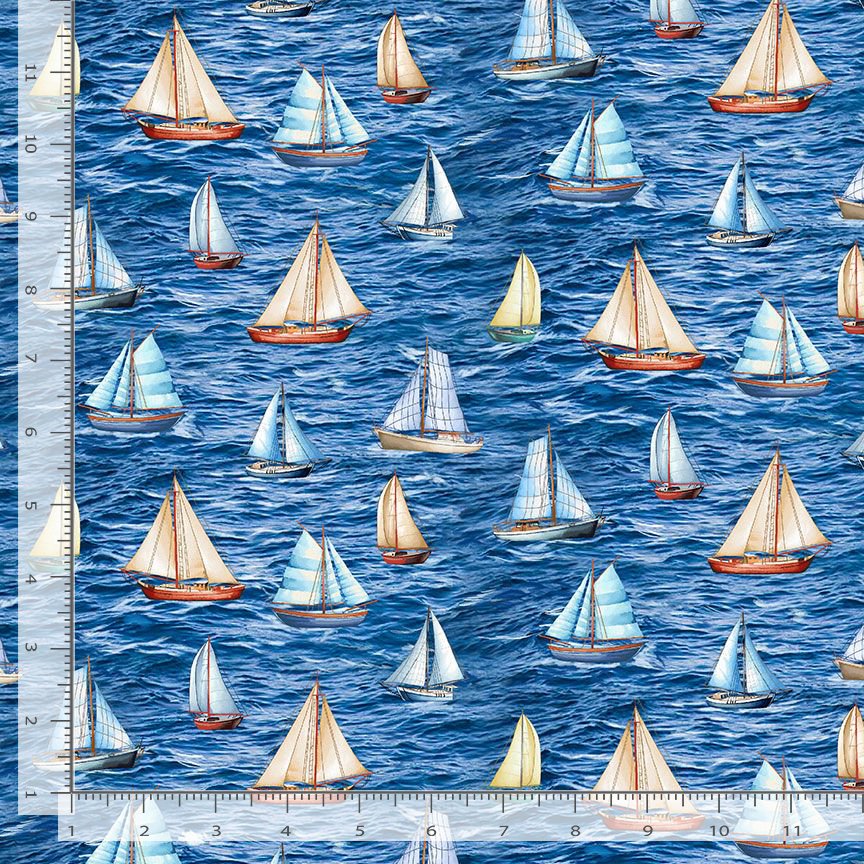 Timeless Treasures Sailboats In The Sea Nautical Blue Fabric (TT Beacon Of Light 3)