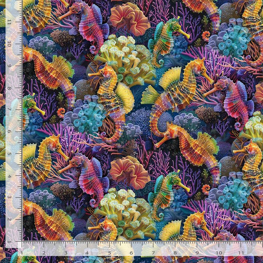 Timeless Treasures Reef Rainbow Seahorses Underwater Sea Remnant (54cm x 112cm TT Oceana 2)