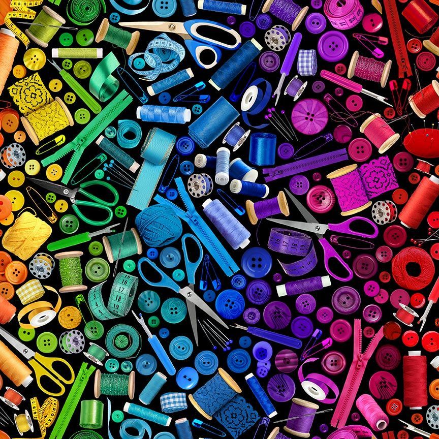 Timeless Treasures Rainbow Sewing Supplies Thread Scissors Buttons Black Remnant (54cm x 112cm TT Sewing Room 2)