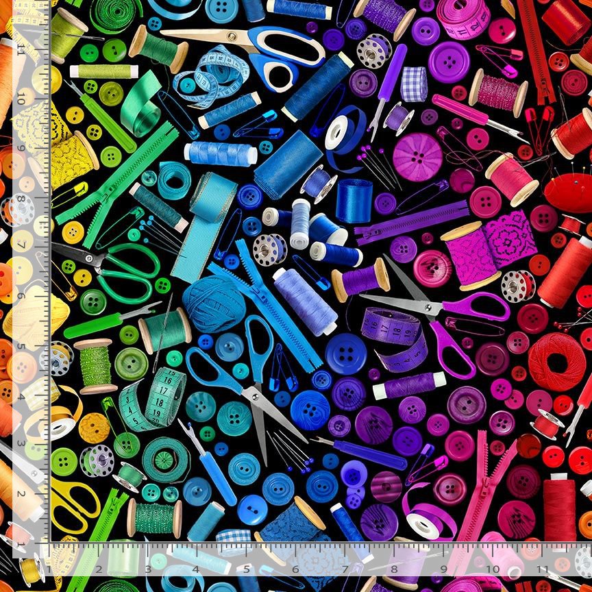 Timeless Treasures Rainbow Sewing Supplies Thread Scissors Buttons Black Remnant (54cm x 112cm TT Sewing Room 2)