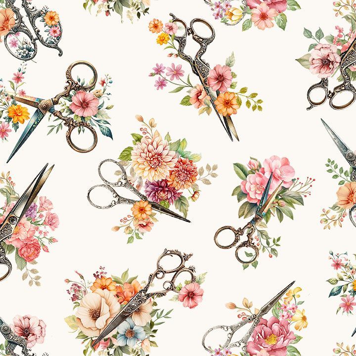Timeless Treasures Floral Packed Sewing Tools Hobby Scissors White Remnant (36cm x 112cm TT Happy Place 3)