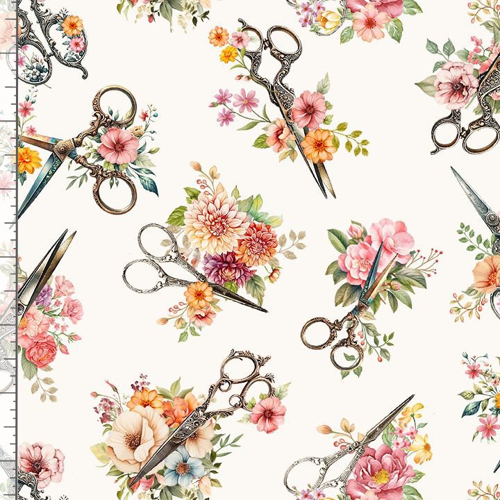 Timeless Treasures Packed Floral Sewing Tools Hobby Scissors Cream (TT Happy Place 3)
