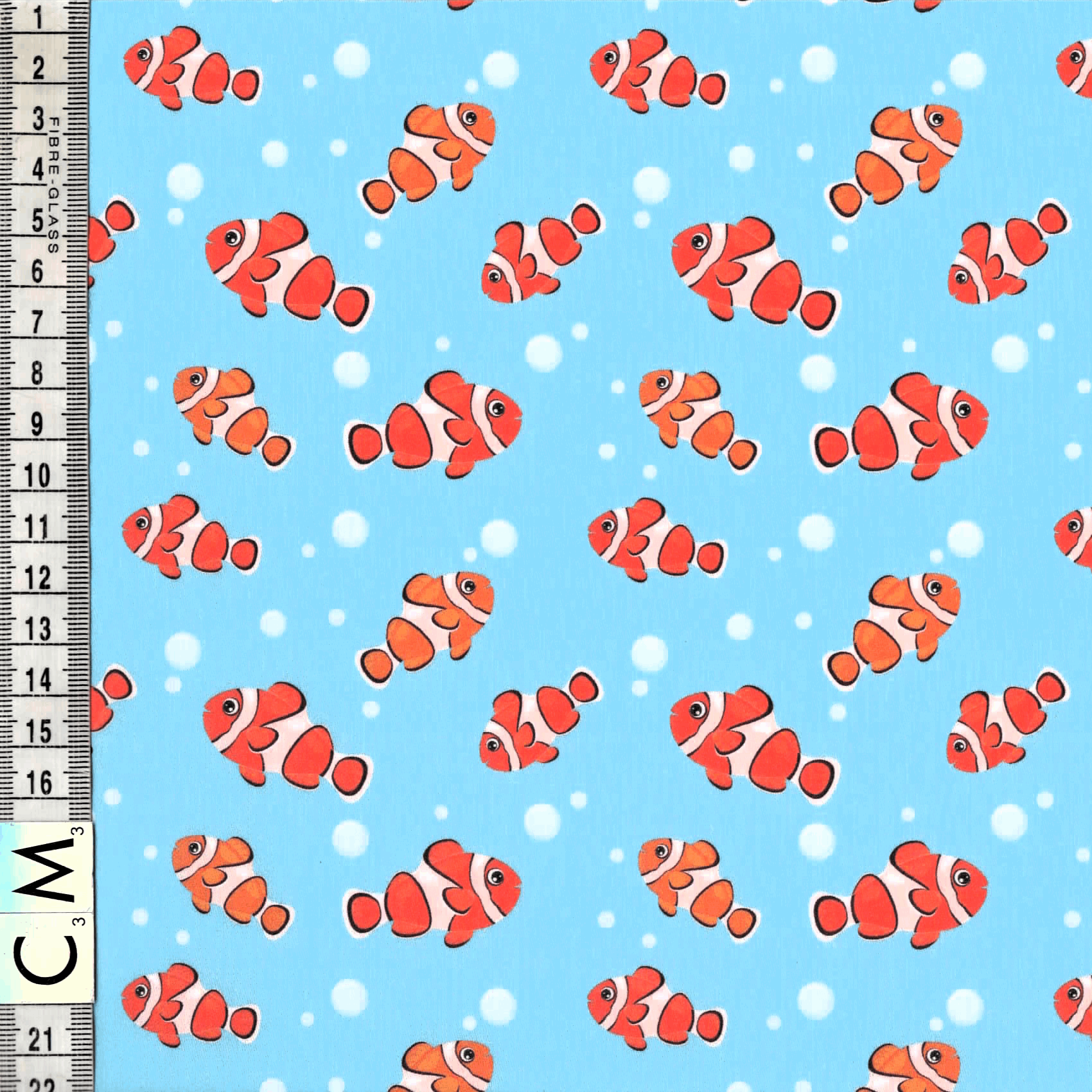Quirky Cottons Orange Clownfish Bubbles Ocean Pet Fish Nemo Bright Light Blue (QC Cute Clownfish-1 METRE PIECE)