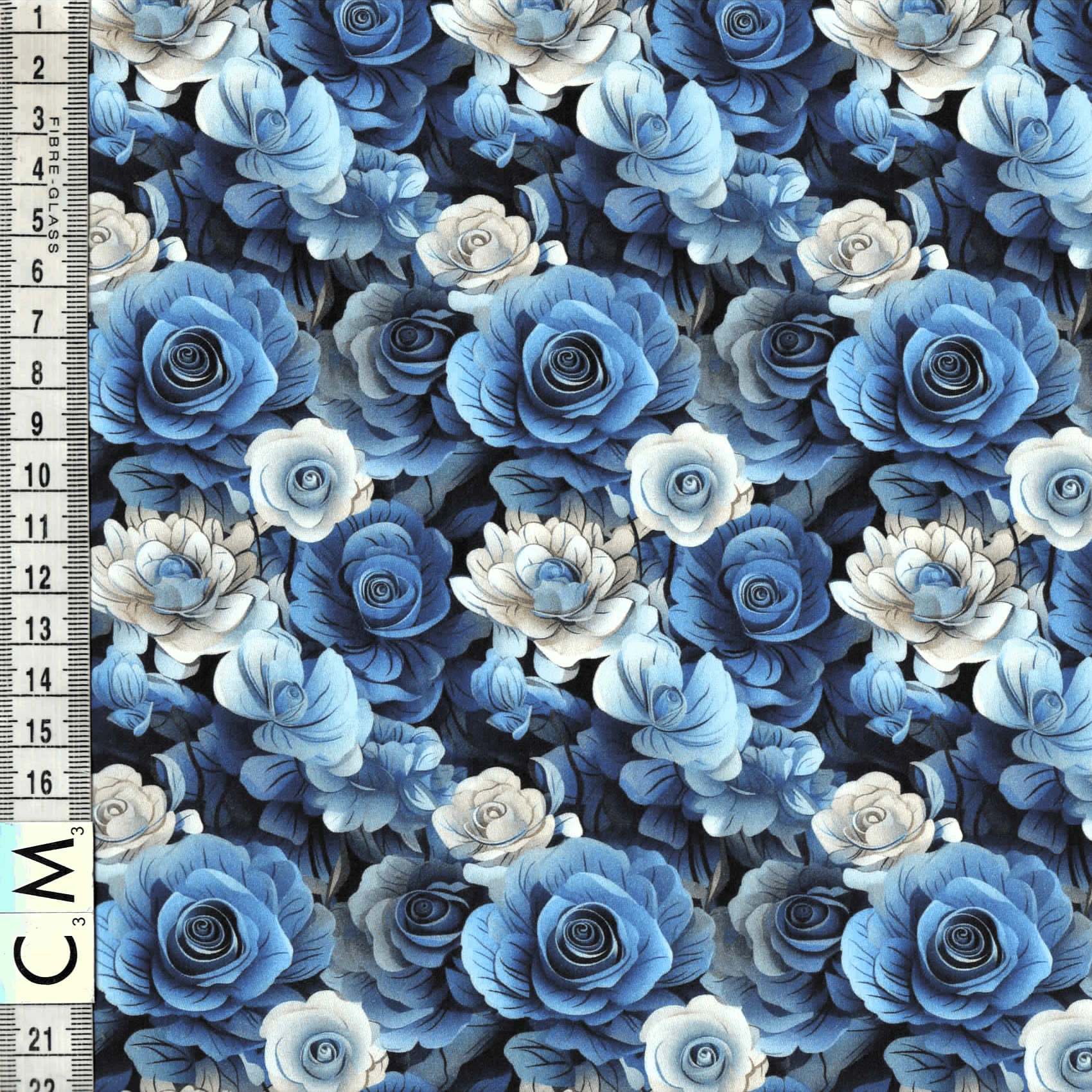Quirky Cottons Blue & White Roses Petals Flowers Floral Deep Blue (QC Blue Bouquet-1 METRE PIECE)