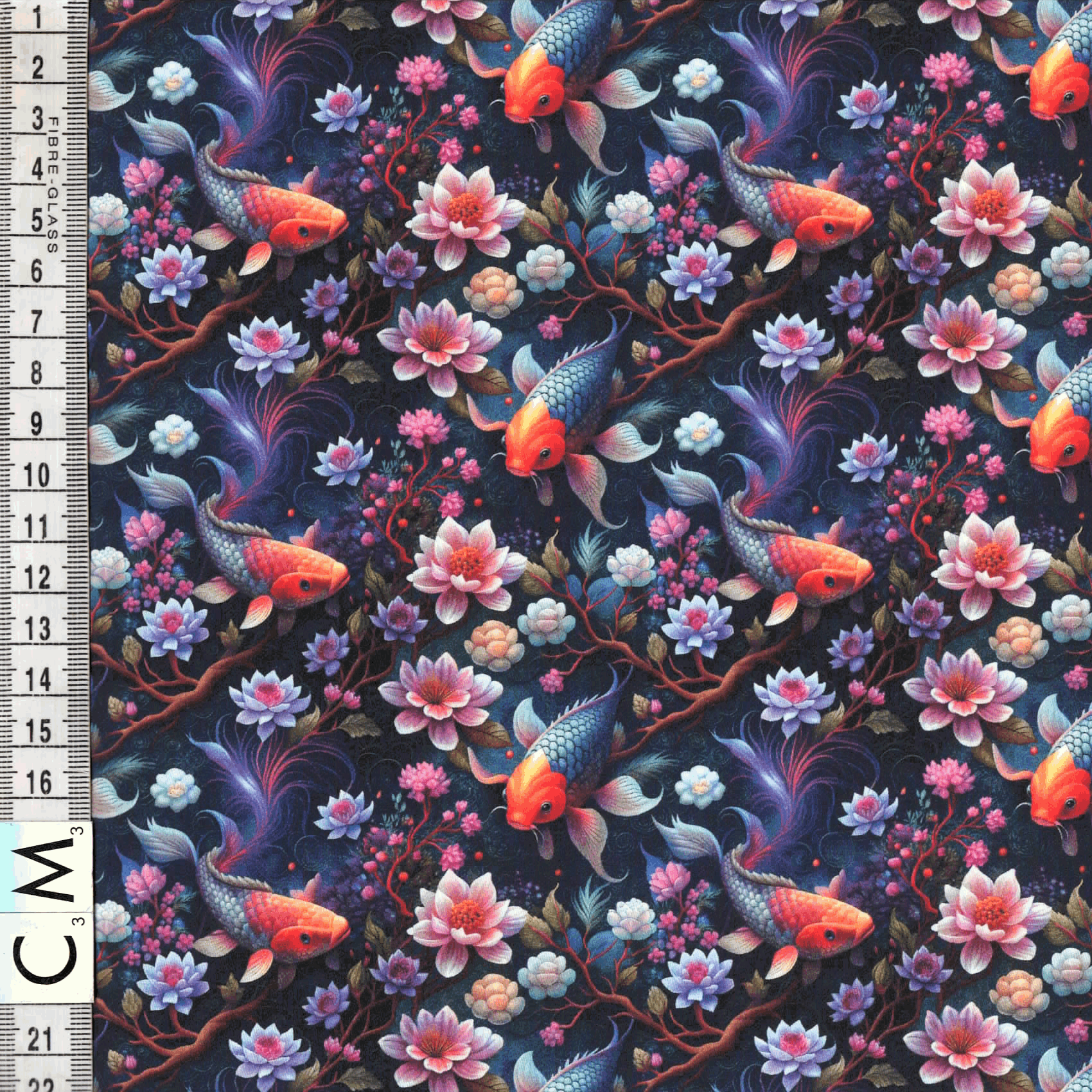 Quirky Cottons Stunning Koi Fish Pond Flowers Floral Nature Water Lilies Purple (QC Japanese Koi Garden-1 METRE PIECE)