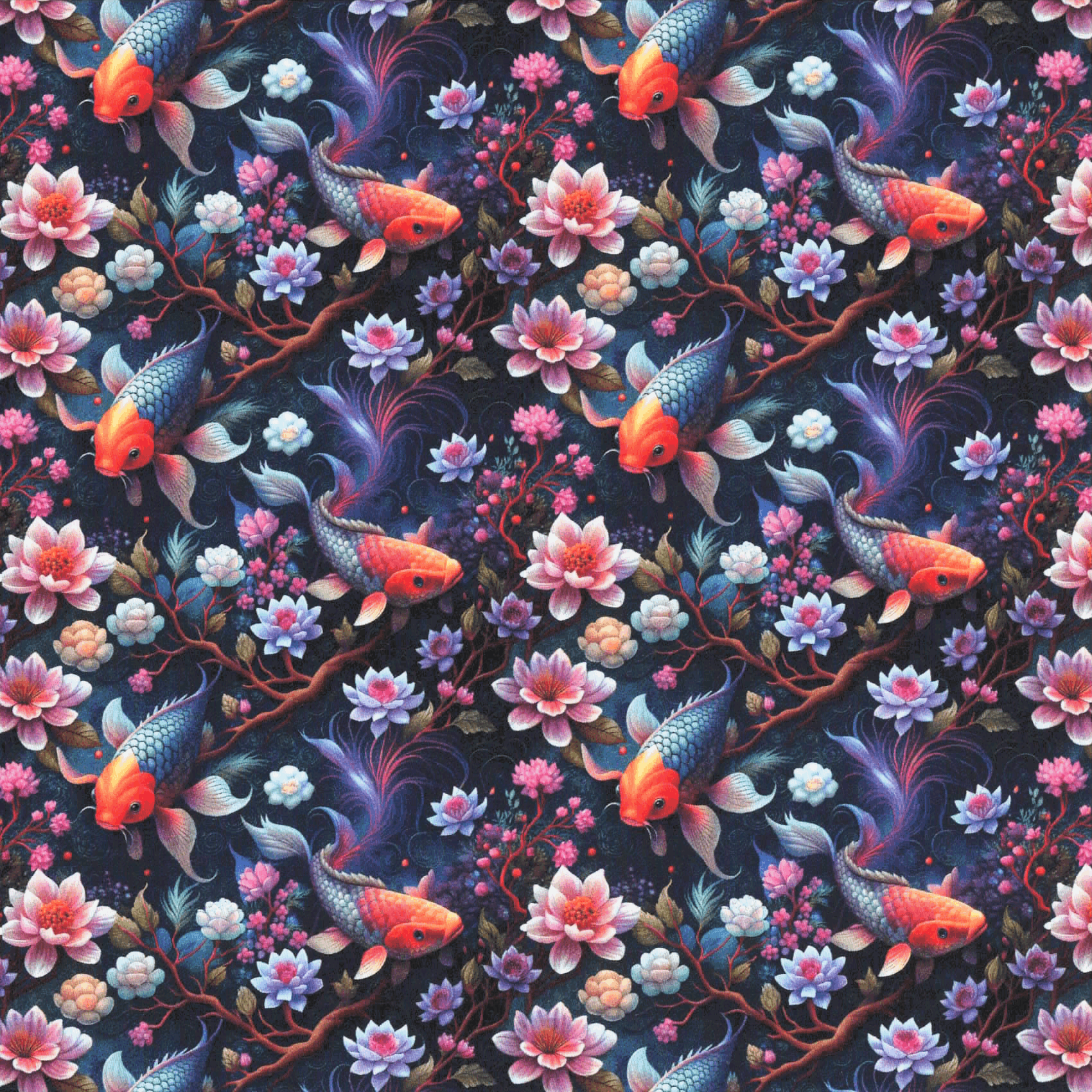 Quirky Cottons Stunning Koi Fish Pond Flowers Floral Nature Water Lilies Purple (QC Japanese Koi Garden-1 METRE PIECE)