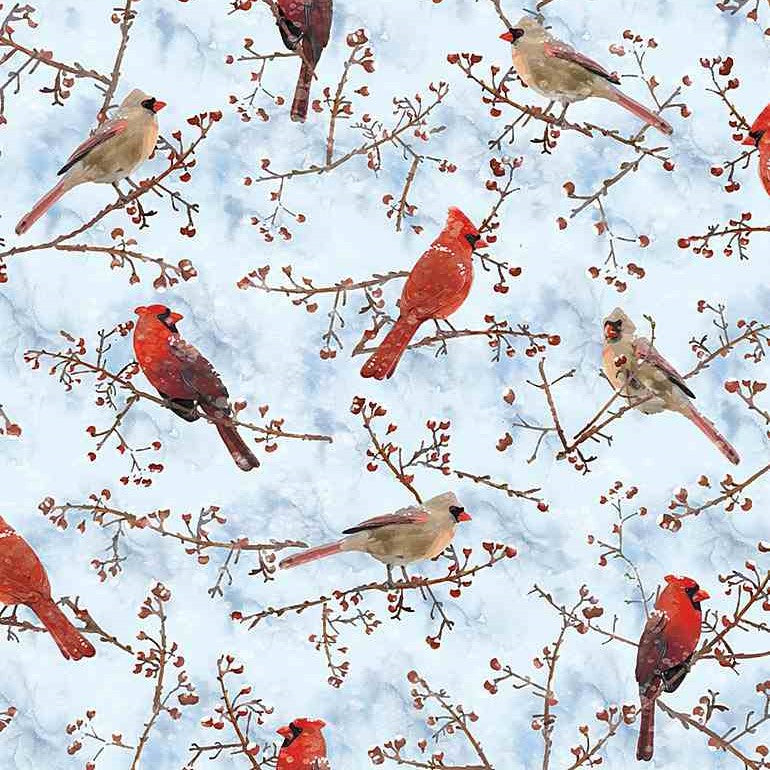 Timeless Treasures Red Cardinals In Winter Light Blue Remnant (49cm x 112cm TT Mountain Air 3)