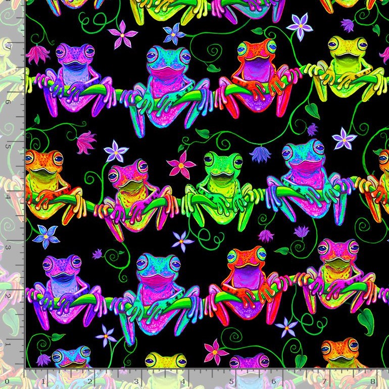 Timeless Treasures Neon Frogs Hanging Out Black Remnant (50cm x 53cm TT Frogs)
