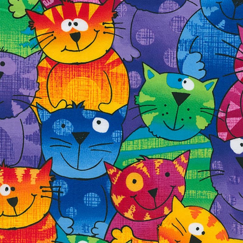 Timeless Treasures 100% Cotton Fabric Bright Rainbow Cartoon Packed Cats (TT Happy Cats)