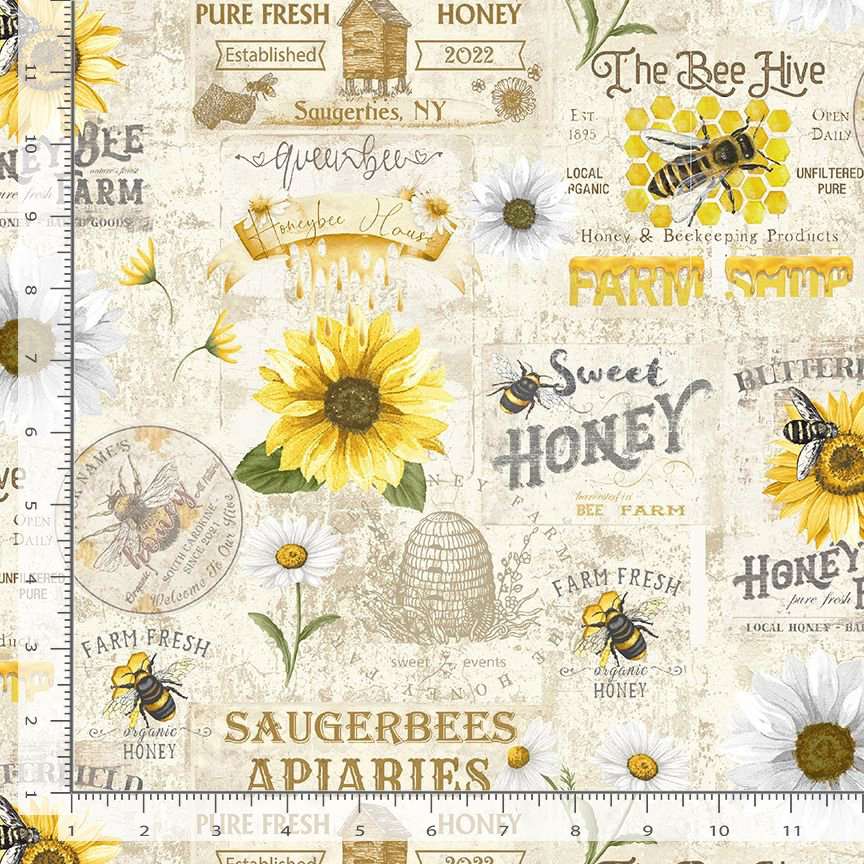 Timeless Treasures Vintage Bee Farm Sign Sunflower Hive Cream (TT Honey Bee Farm 1 )