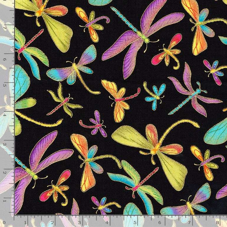 Timeless Treasures Metallic Flying Dragonflies Animal Nature Insect Black (TT Metallic Dragonflies)