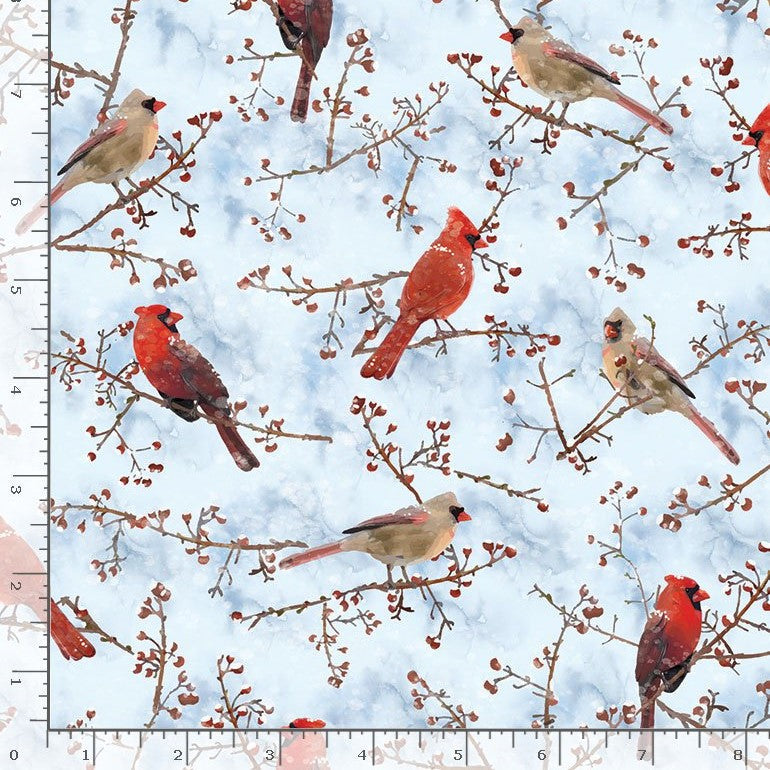 Timeless Treasures Red Cardinals In Winter Light Blue Remnant (49cm x 112cm TT Mountain Air 3)