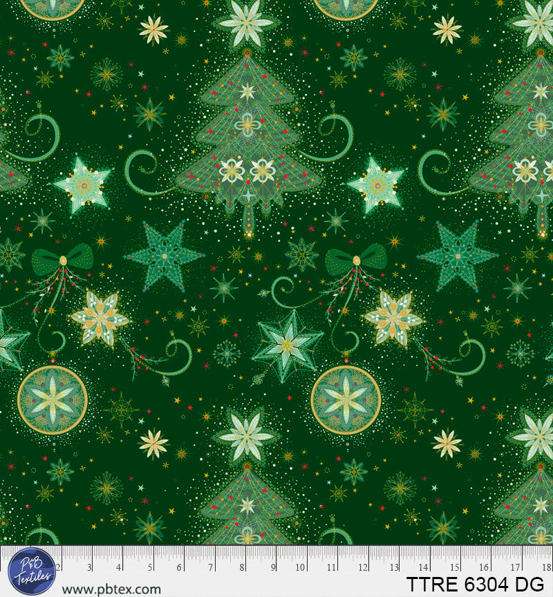 P & B Textiles TTRE 6304 DG Turnowsky Treasures Festive Holiday Trees & Stars Green Christmas Quilting 100% Cotton Fabric for Sewing & Crafts (PB Turnowsky Treasures 1)