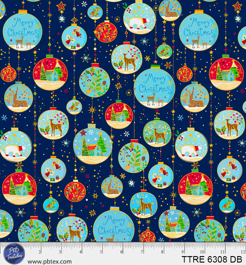 P & B Textiles TTRE 6308 DB Turnowsky Treasures Festive Holiday Baubles Decorations Blue Christmas Quilting 100% Cotton Fabric for Sewing & Crafts (PB Turnowsky Treasures 4)