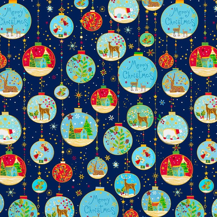 P & B Textiles TTRE 6308 DB Turnowsky Treasures Festive Holiday Baubles Decorations Blue Christmas Quilting 100% Cotton Fabric for Sewing & Crafts (PB Turnowsky Treasures 4)