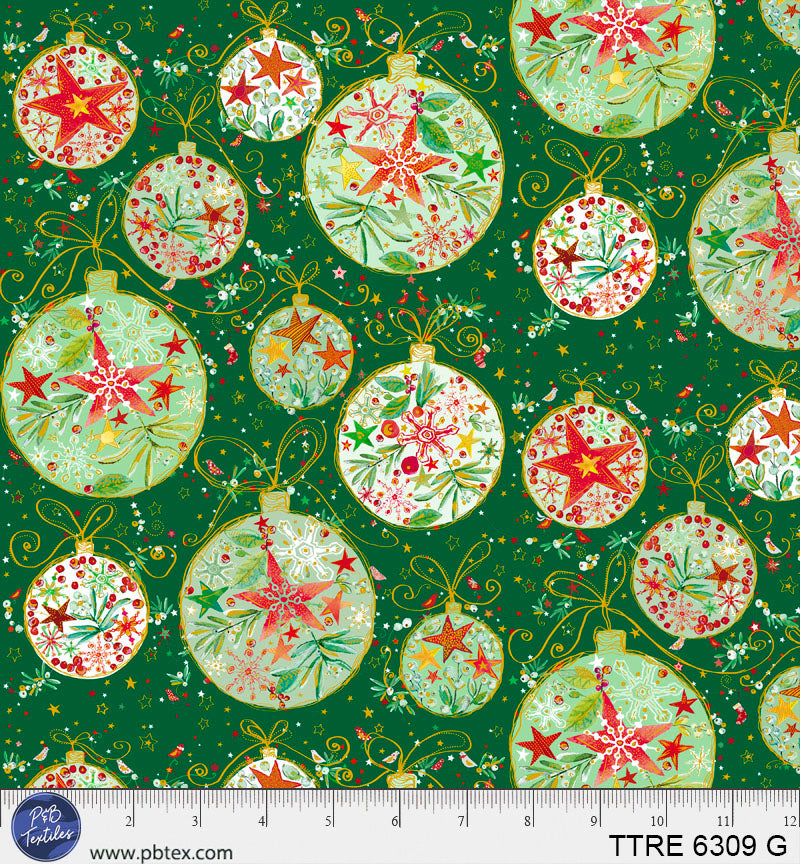 P & B Textiles TTRE 6309 G Turnowsky Treasures Festive Holiday Baubles Decorations Green Christmas Quilting 100% Cotton Fabric for Sewing & Crafts (PB Turnowsky Treasures 5)