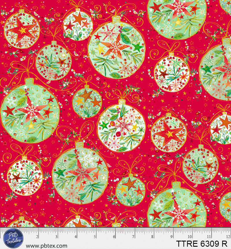 P & B Textiles TTRE 6309 R Turnowsky Treasures Festive Holiday Baubles Decorations Red Christmas Quilting 100% Cotton Fabric for Sewing & Crafts (PB Turnowsky Treasures 6)
