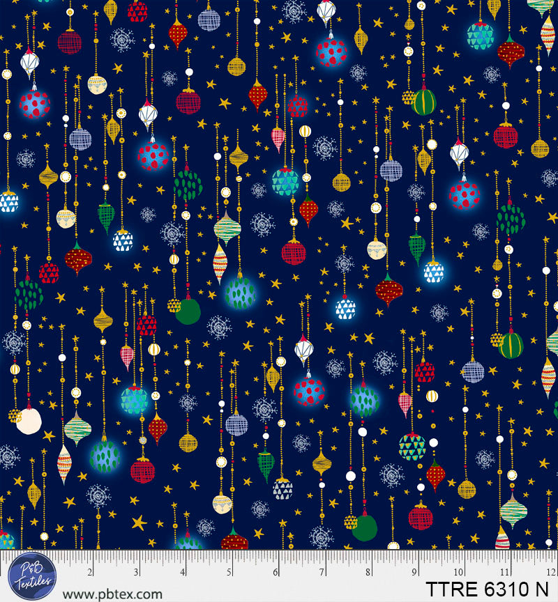 P & B Textiles TTRE 6310 N Turnowsky Treasures Festive Holiday Hanging Baubles Decorations Blue Christmas Quilting 100% Cotton Fabric for Sewing & Crafts (PB Turnowsky Treasures 7)
