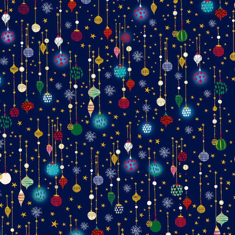P & B Textiles TTRE 6310 N Turnowsky Treasures Festive Holiday Hanging Baubles Decorations Blue Christmas Quilting 100% Cotton Fabric for Sewing & Crafts (PB Turnowsky Treasures 7)