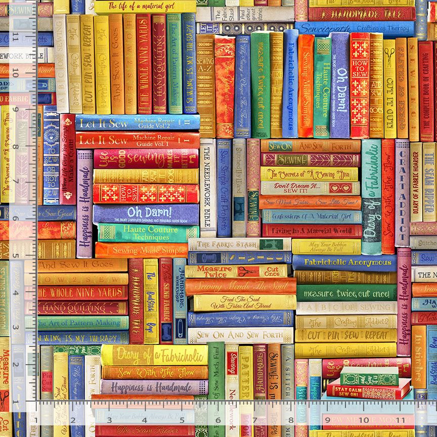 Timeless Treasures Sewing Library Books Multi-Coloured Remnant (20cm x 112cm TT Sew Strong 1)
