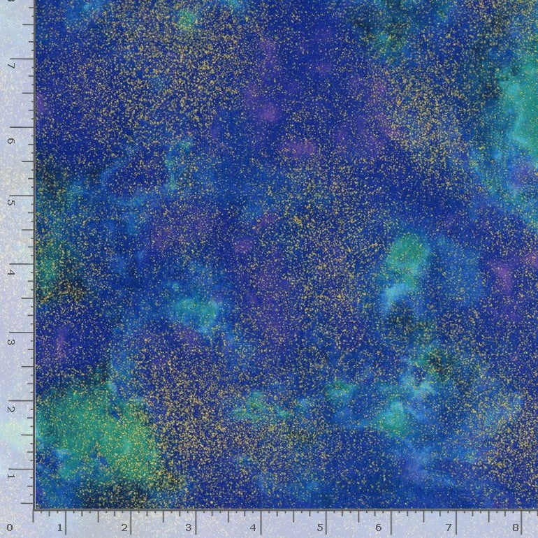 Timeless Treasures Shimmer Island Sparkle Gold Metallic Pattern Blue Remnant (28cm x 112cm TT Shimmer Island)