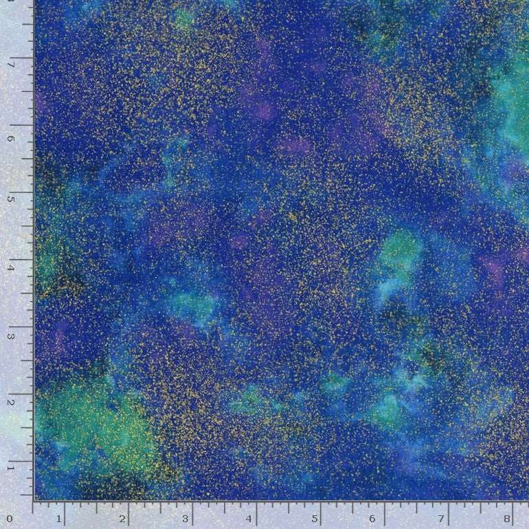 Timeless Treasures Shimmer Island Sparkle Gold Metallic Pattern Blue Remnant (35cm x 112cm TT Shimmer Island)