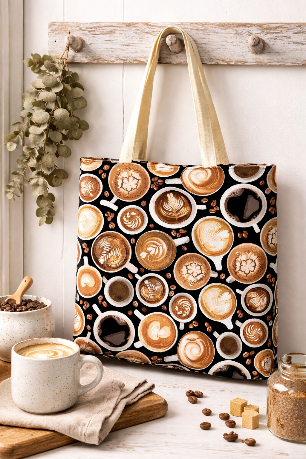 Timeless Treasures Morning Coffee Hot Drink Food Latte Art Black 100% Cotton Fabric (TT Coffee Cups)