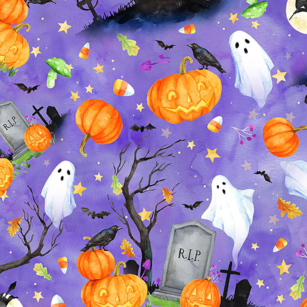 Hoffman U5130 595 – Purple Halloween Ghosts & Pumpkins 100% Cotton Fabric for Sewing & Crafts (Hoff Celebrate The Season 3)