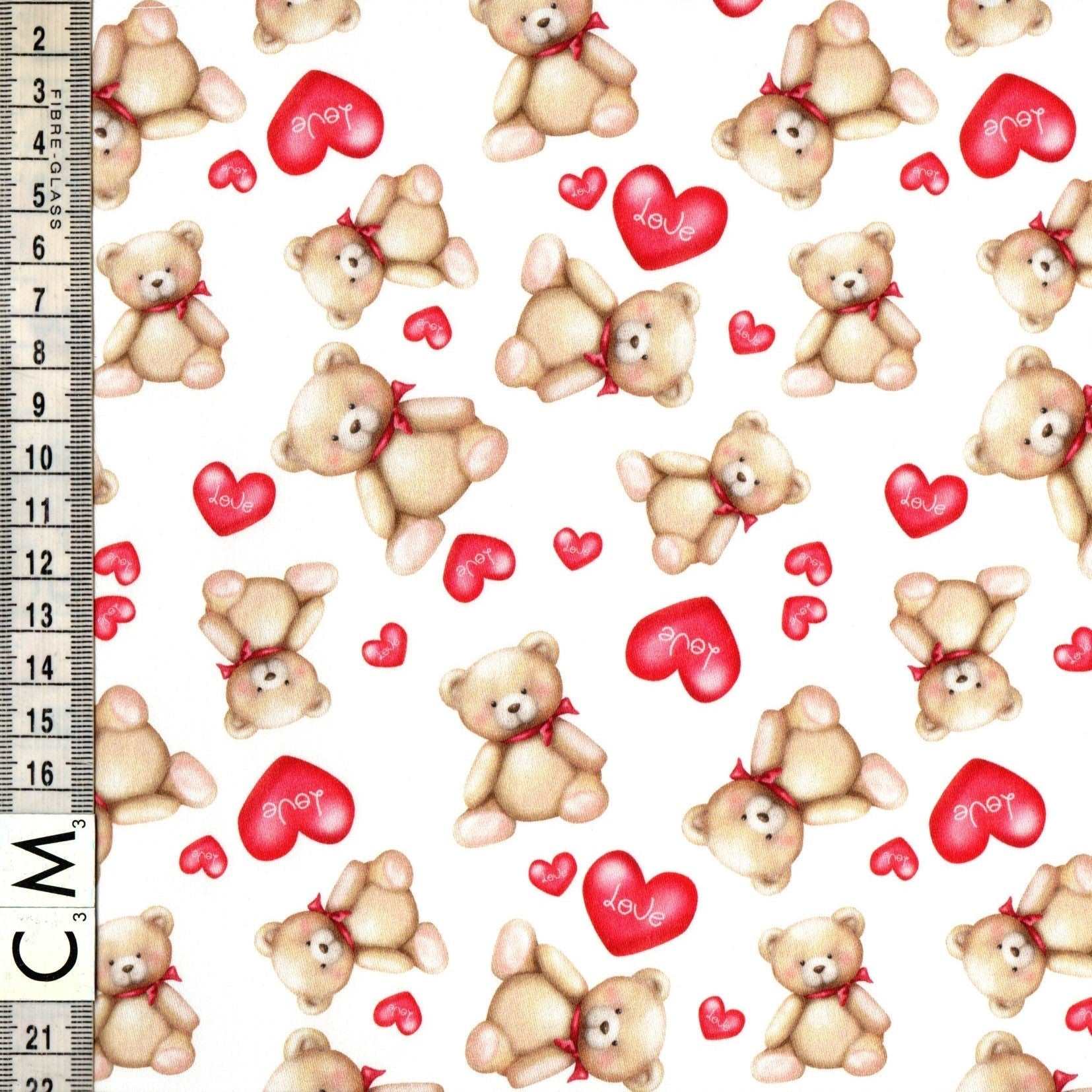 Quirky Cottons Teddy Bears Love Hearts White Remnant (31cm x 156cm QC Cute Teddies)