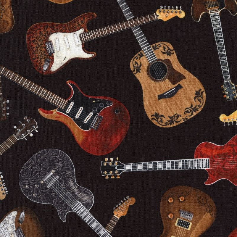 Pattern of various guitars on a dark background