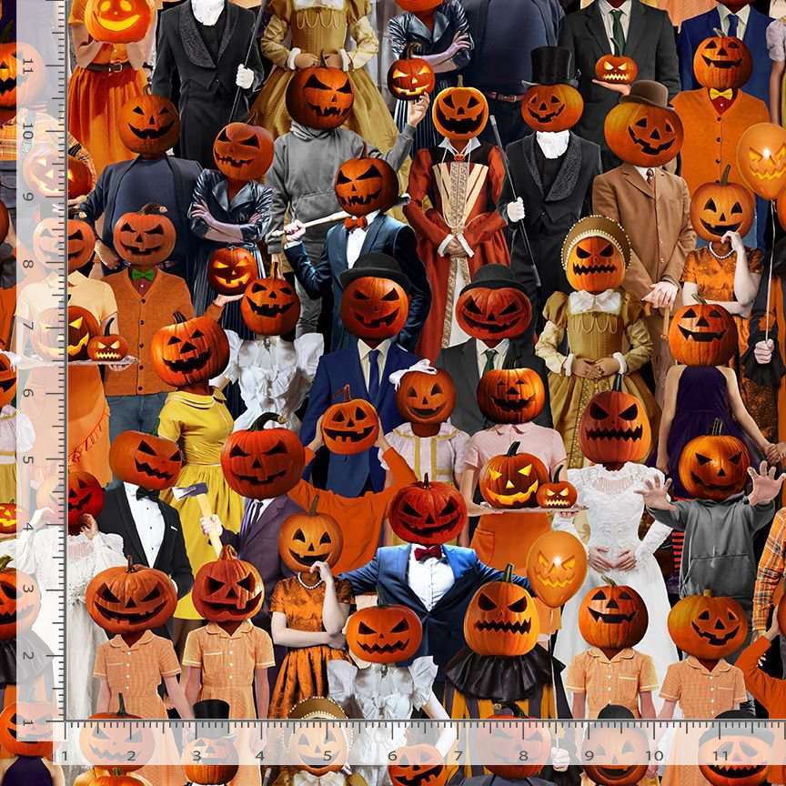 Timeless Treasures 100% Cotton Fabric Halloween Pumpkin Head Costume People Multi-Coloured (TT All Hollow's Eve 1)