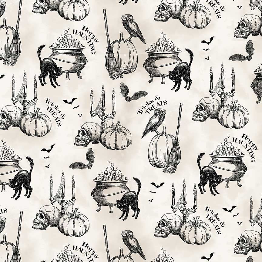 Timeless Treasures Halloween Trick Or Treat Toile Pumpkin Bird Cauldron Cat Cream (TT Pick Your Poison 4)