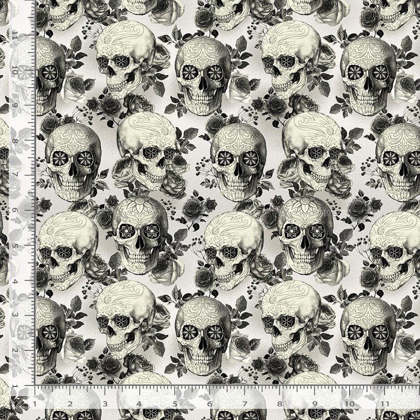 Timeless Treasures Halloween Skull And Floral Skeleton Spooky Bone Ecru (TT Pick Your Poison 5)