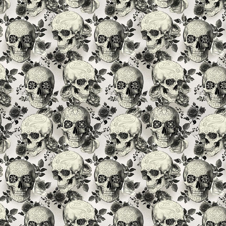 Timeless Treasures Halloween Skull And Floral Skeleton Spooky Bone Ecru (TT Pick Your Poison 5)