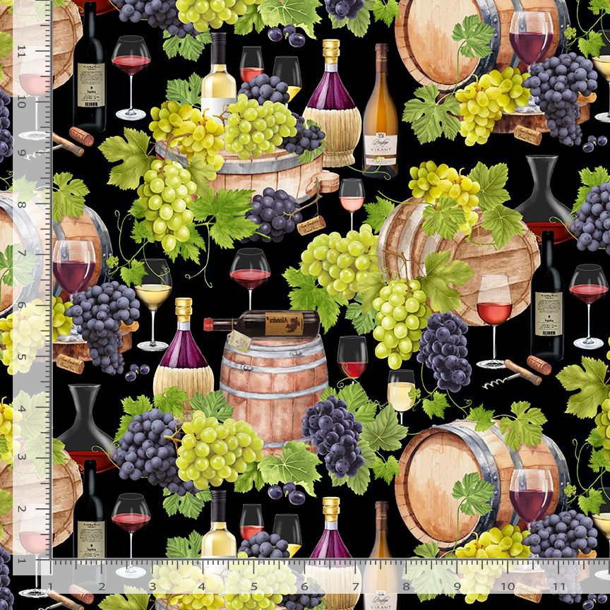 Timeless Treasures Vintage Wine Cellar, Wine Bottles, Glasses & Barrels Black Remnant (28cm x 112cm TT Wine Bar 1)