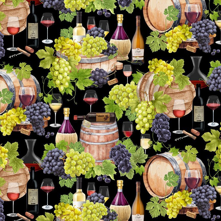 Timeless Treasures Vintage Wine Cellar, Wine Bottles, Glasses & Barrels Black Remnant (28cm x 112cm TT Wine Bar 1)